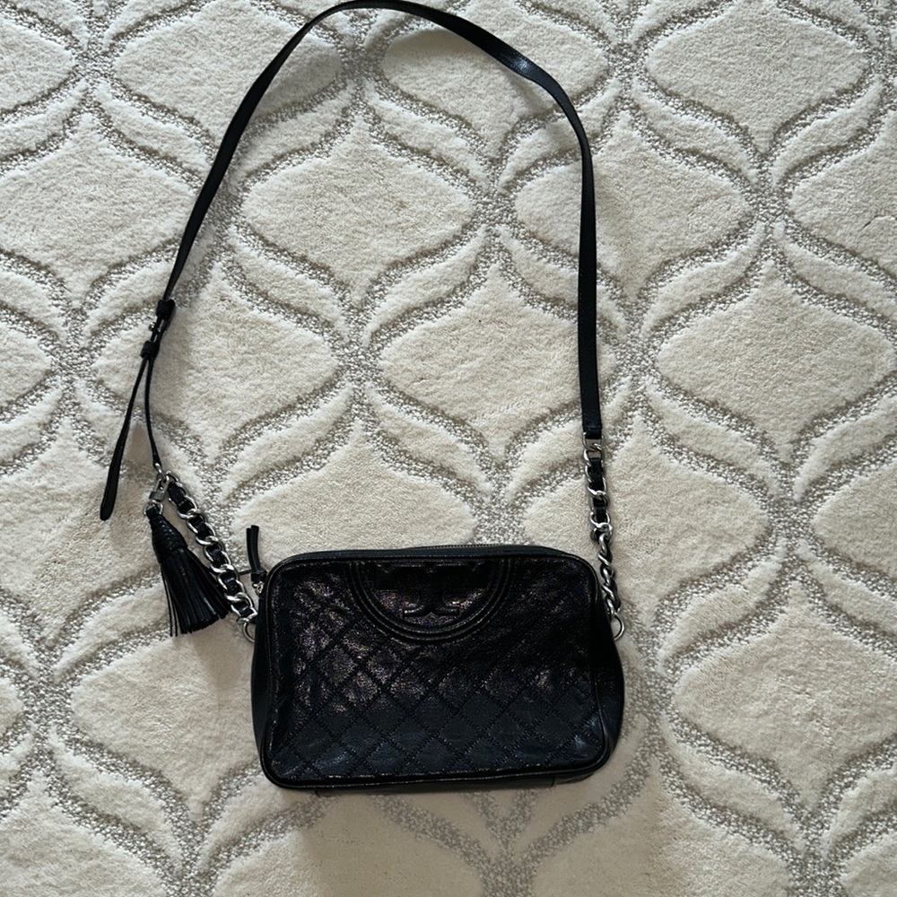 Tory Burch Quilted Black Leather Camera Bag with Tassle
